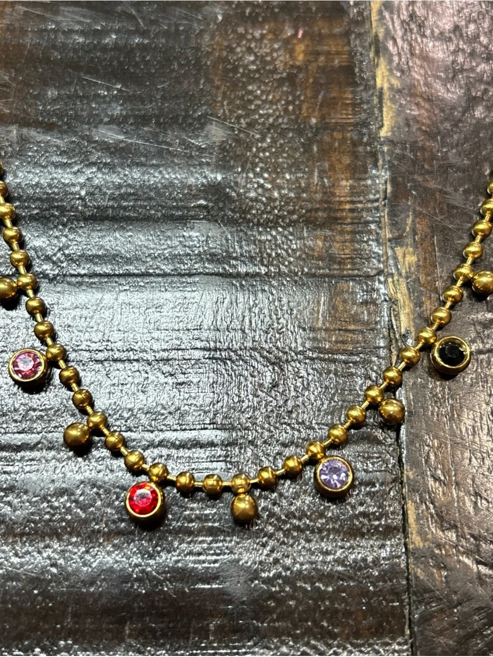 Gold Beaded Necklace with Multicolor Gemstone Charms